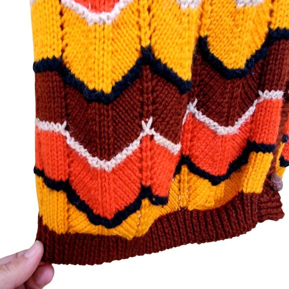 Vintage 70s Hand Knit Vest Retro Orange Chevron Sleeveless Sweater Hippie Boho M - Picture 10 of 11